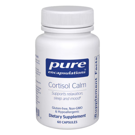 White supplement bottle labeled 'pure encapsulations Cortisol Calm' on a white background - Okotoks HC Pharmacy