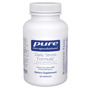 White bottle of pure encapsulations Daily Stress Formula dietary supplement on a white background - Okotoks HC Pharmacy