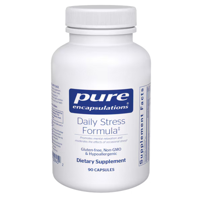 White bottle of pure encapsulations Daily Stress Formula dietary supplement on a white background - Okotoks HC Pharmacy
