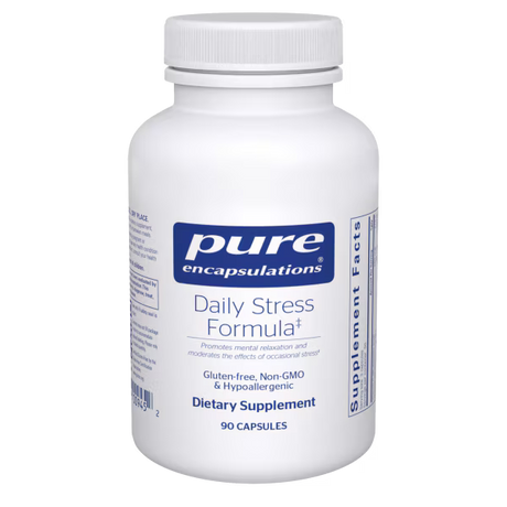 White bottle of pure encapsulations Daily Stress Formula dietary supplement on a white background - Okotoks HC Pharmacy
