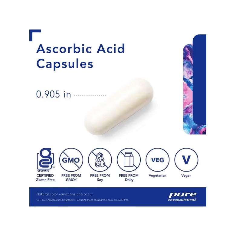 Ascorbic Acid Capsule with product details on a white background - okotoks hc pharmacy