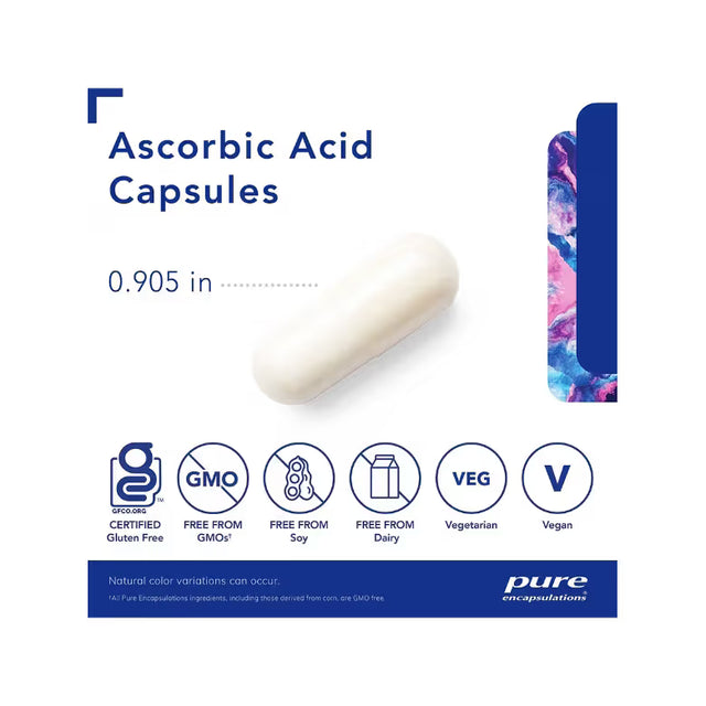 Ascorbic Acid Capsule with product details on a white background - okotoks hc pharmacy