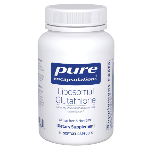 White supplement bottle labeled 'pure encapsulations Liposomal Glutathione' on a white background - Okotoks HC Pharmacy