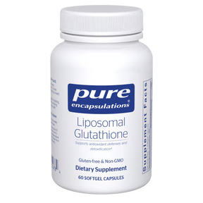 White supplement bottle labeled 'pure encapsulations Liposomal Glutathione' on a white background - Okotoks HC Pharmacy