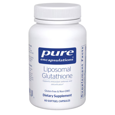 White supplement bottle labeled 'pure encapsulations Liposomal Glutathione' on a white background - Okotoks HC Pharmacy