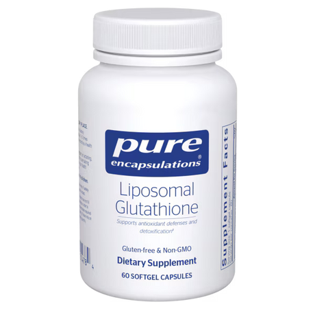 White supplement bottle labeled 'pure encapsulations Liposomal Glutathione' on a white background - Okotoks HC Pharmacy