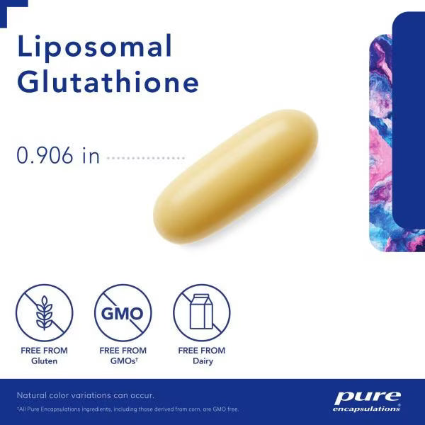 Liposomal Glutathione supplement capsule with size measurement and purity indicators on a white background.  - Okotoks HC Pharmacy