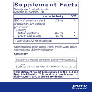 Supplement facts label for pure encapsulations Liposomal Glutathione and ingredient details. - Okotoks HC Pharmacy