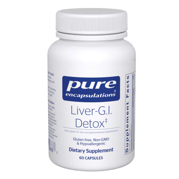 White supplement bottle labeled 'Liver-G.I. Detox' by pure encapsulations on a white background - Okotoks HC Pharmacy