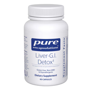 White supplement bottle labeled 'Liver-G.I. Detox' by pure encapsulations on a white background - Okotoks HC Pharmacy