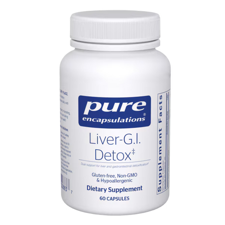 White supplement bottle labeled 'Liver-G.I. Detox' by pure encapsulations on a white background - Okotoks HC Pharmacy