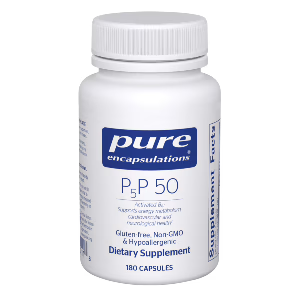 White supplement bottle labeled 'pure encapsulations P5P 50' on a white background - Okotoks HC Pharmacy