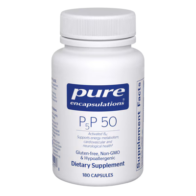 White supplement bottle labeled 'pure encapsulations P5P 50' on a white background - Okotoks HC Pharmacy