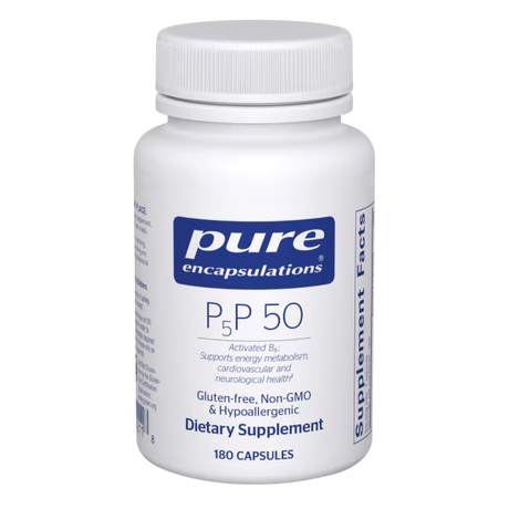 White supplement bottle labeled 'pure encapsulations P5P 50' on a white background - Okotoks HC Pharmacy
