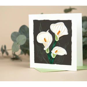 Greeting card with calla lily design on a dark background - okotoks hc pharmacy