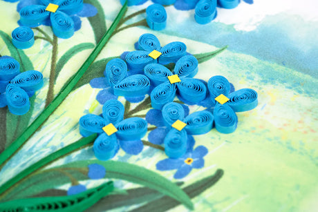 Artistic depiction of blue flowers with yellow centers on a green background - okotoks hc pharmacy