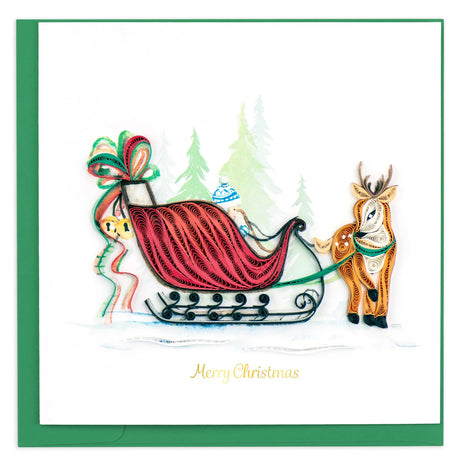 Christmas card with Santa in sleigh pulled by reindeer, surrounded by trees and a bow. - okotoks hc pharmacy