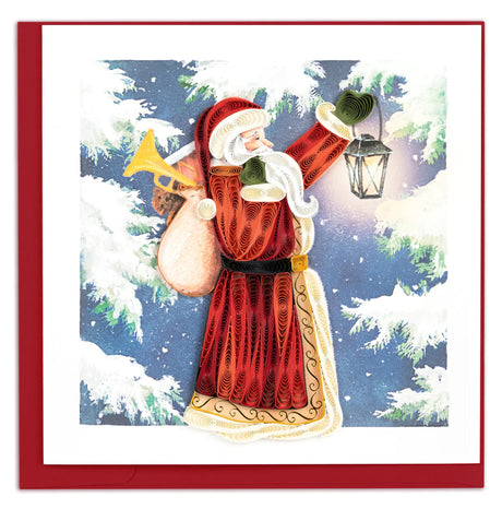 Vintage-style Christmas card with a detailed illustration of Santa Claus holding a lantern and horn against a snowy background. - okotoks hc pharmacy