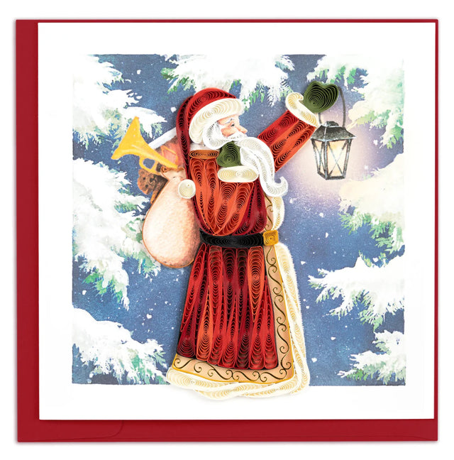 Vintage-style Christmas card with a detailed illustration of Santa Claus holding a lantern and horn against a snowy background. - okotoks hc pharmacy