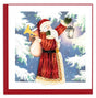 Vintage-style Christmas card with a detailed illustration of Santa Claus holding a lantern and horn against a snowy background. - okotoks hc pharmacy