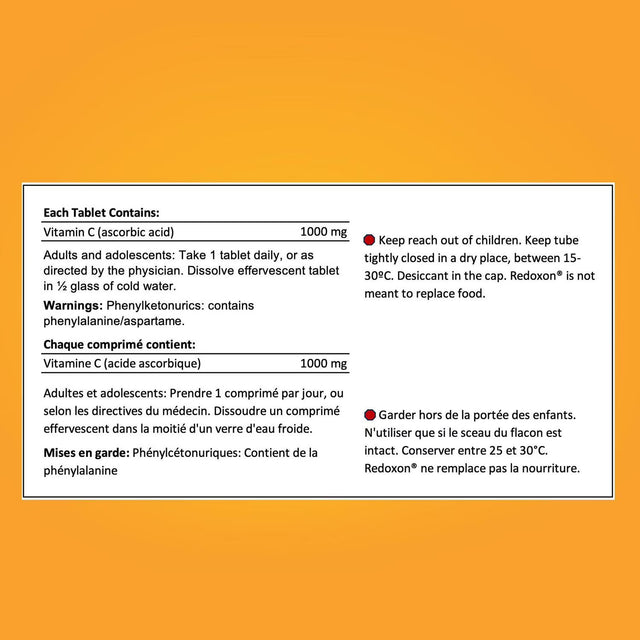 Vitamin C supplement label with directions and warnings on a yellow background - okotoks hc pharmacy