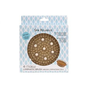 A packaged spa lymphatic brush in its retail box. The box features a light blue and white geometric pattern, with a clear circular window showing the brown textured sponge inside. - okotoks hc pharmacy