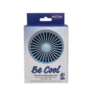 USB rechargeable fan packaging with 'Be Cool' text on a white background - okotoks hc pharmacy