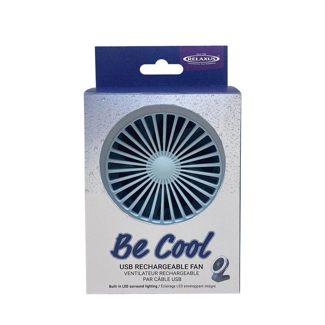 USB rechargeable fan packaging with 'Be Cool' text on a white background - okotoks hc pharmacy
