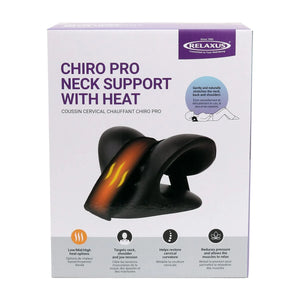 The retail packaging box for the RELAXUS Chiro Pro Neck Support with Heat, featuring a white background with purple branding and a graphic of the black neck support device with a glowing orange heat element. - okotoks hc pharmacy