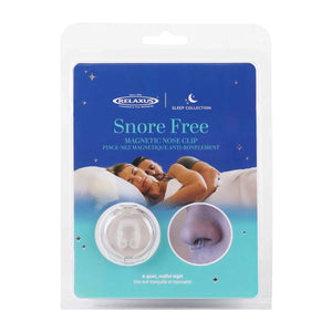 Relaxus Snore Free Magnetic Nose Clip in its original retail packaging, featuring a blue and teal design with a sleeping couple illustration and product close-up images. - okotoks hc pharmacy