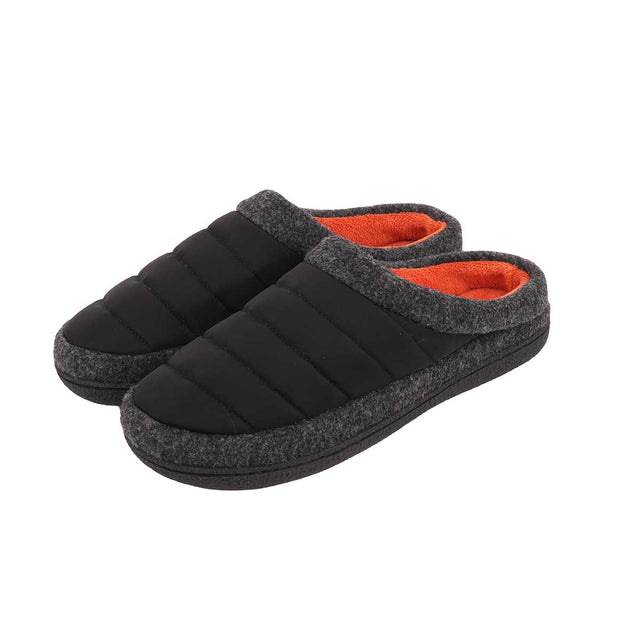 A pair of black quilted slip-on slippers with a dark gray felt trim and a bright orange interior lining, shown against a plain white background. - okotoks hc pharmacy
