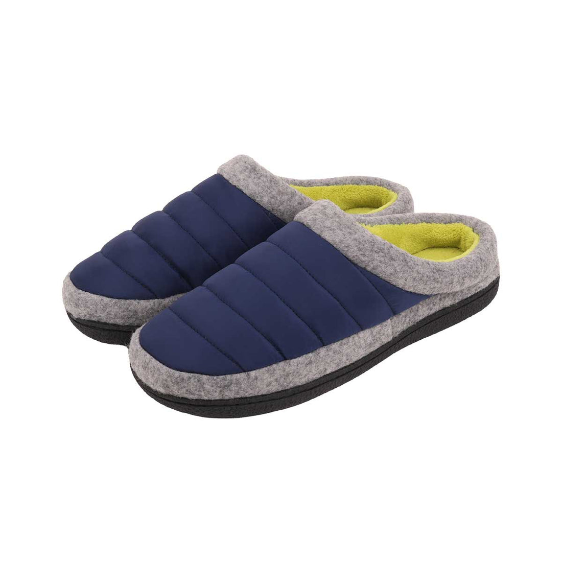 A pair of slip-on house slippers with navy blue quilted uppers, gray felt trim, and a bright yellow-green inner lining, shown on a plain white background. - okotoks hc pharmacy