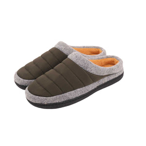 A pair of slip-on house slippers with quilted dark brown uppers, a gray felt trim, and an orange lining, shown on a plain white background. - okotoks hc pharmacy