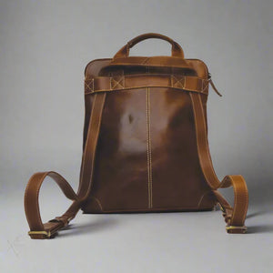 Brown leather backpack on a light gray background - okotoks hc pharmacy