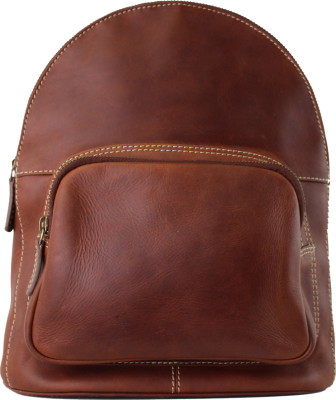 A brown leather backpack with a front zippered pocket and light-colored contrast stitching, shown against a plain white background. - okotoks hc pharmacy