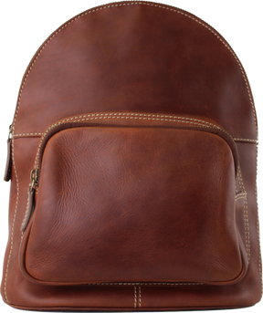 A brown leather backpack with a front zippered pocket and light-colored contrast stitching, shown against a plain white background. - okotoks hc pharmacy
