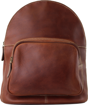 A brown leather backpack with a front zippered pocket and light-colored contrast stitching, shown against a plain white background. - okotoks hc pharmacy