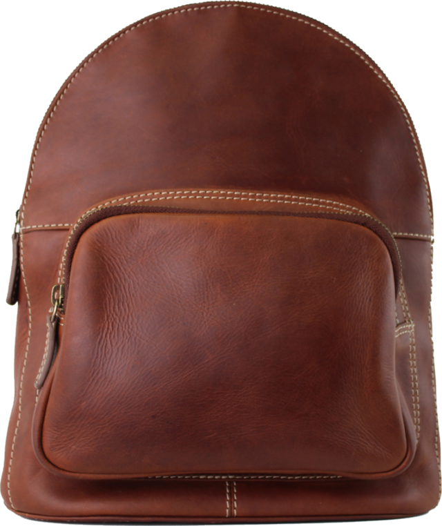 A brown leather backpack with a front zippered pocket and light-colored contrast stitching, shown against a plain white background. - okotoks hc pharmacy