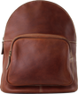 A brown leather backpack with a front zippered pocket and light-colored contrast stitching, shown against a plain white background. - okotoks hc pharmacy