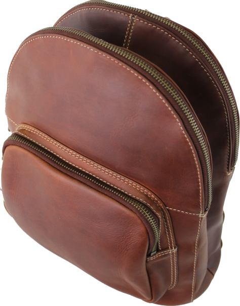 A brown leather mini backpack with a front zippered pocket and a main compartment, shown on a plain white background. - okotoks hc pharmacy
