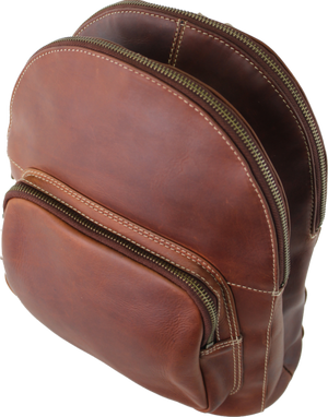 A brown leather mini backpack with a front zippered pocket and a main compartment, shown on a plain white background. - okotoks hc pharmacy