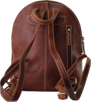 A brown leather backpack shown from the back, featuring a vertical stitched seam, a zippered pocket on the right side, and adjustable shoulder straps with metal buckles, isolated on a white background. - okotoks hc pharmacy