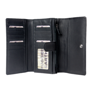 An open black leather wallet with multiple card slots, a zippered pocket, and a slip pocket containing a card labeled 'RUGGED EARTH', shown on a plain white background. - okotoks hc pharmacy