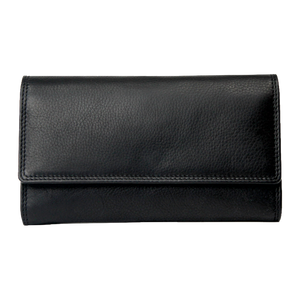 A black pebbled leather wallet with a fold-over flap, shown from the front on a plain white background. - okotoks hc pharmacy