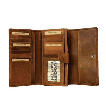 An open brown leather wallet with multiple card slots, a clear ID window, and a snap-button closure, shown on a plain white background. - okotoks hc pharmacy