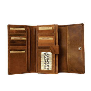 An open brown leather wallet with multiple card slots, a clear ID window, and a snap-button closure, shown on a plain white background. - okotoks hc pharmacy