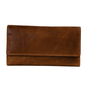 A brown leather wallet with a fold-over flap and visible stitching, photographed against a plain white background. - okotoks hc pharmacy
