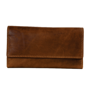 A brown leather wallet with a fold-over flap and visible stitching, photographed against a plain white background. - okotoks hc pharmacy
