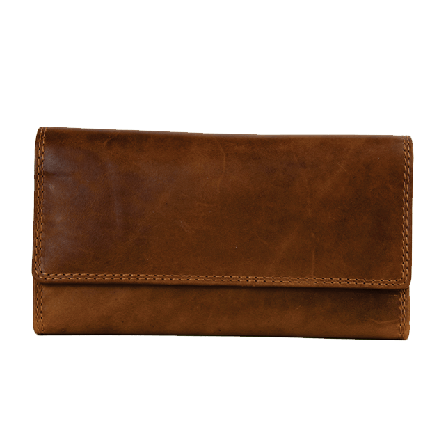A brown leather wallet with a fold-over flap and visible stitching, photographed against a plain white background. - okotoks hc pharmacy