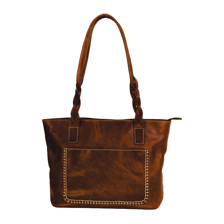 Brown leather handbag with braided handles on a white background - okotoks hc pharmacy